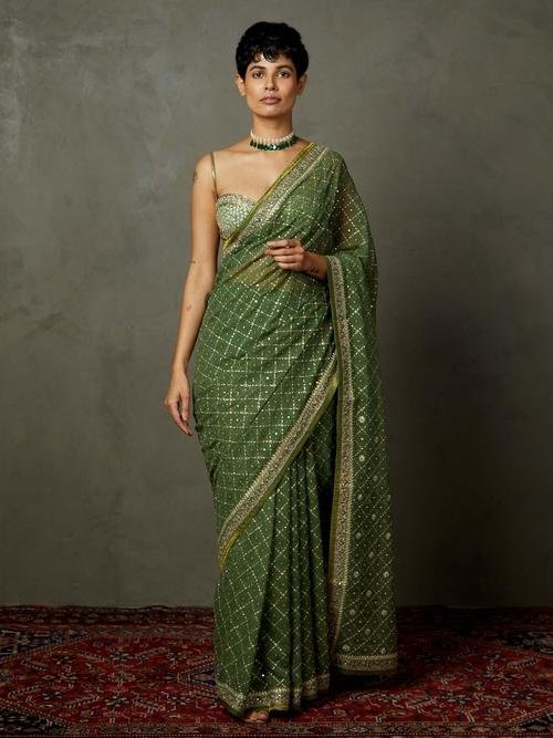 Khaki Rohira Saree With Unstitched Blouse